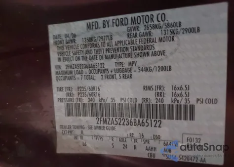 2006 Ford Freestar Sel from USA, damaged, VIN 2FMZA52236BA65122